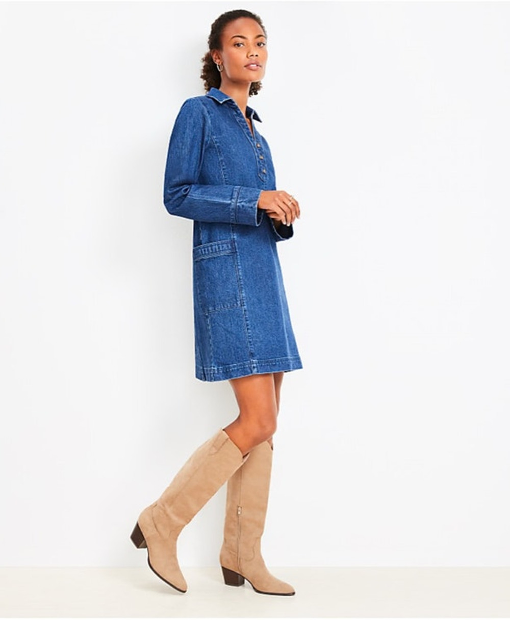 LOFT Petite Denim Mini Dress SP Blue Long Sleeve Collared Pocket Shift Dress